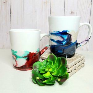 NEW Set of 2 ceramic coffee mugs, alcohol ink and resin design